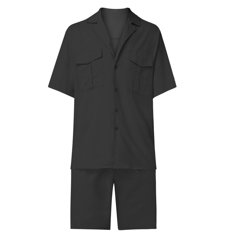 Lapel Collar Short Sleeve Shirt Set With Pockets