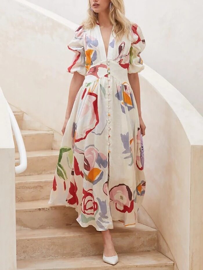 Print Dresses For Women Summer V-neck Button Short