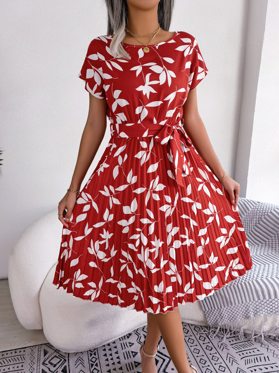Leaf Print Dress Women Short Sleeve Lace-up Skirt