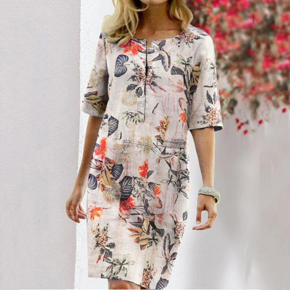 Vintage Dress Women Summer Floral Leaf Print Slit