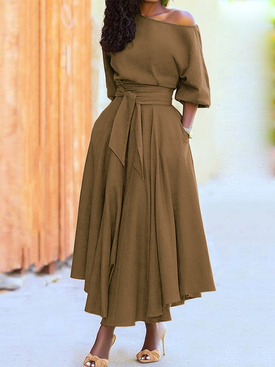 Formal Slanted Shoulder Bodycon Dress Solid Color Tie