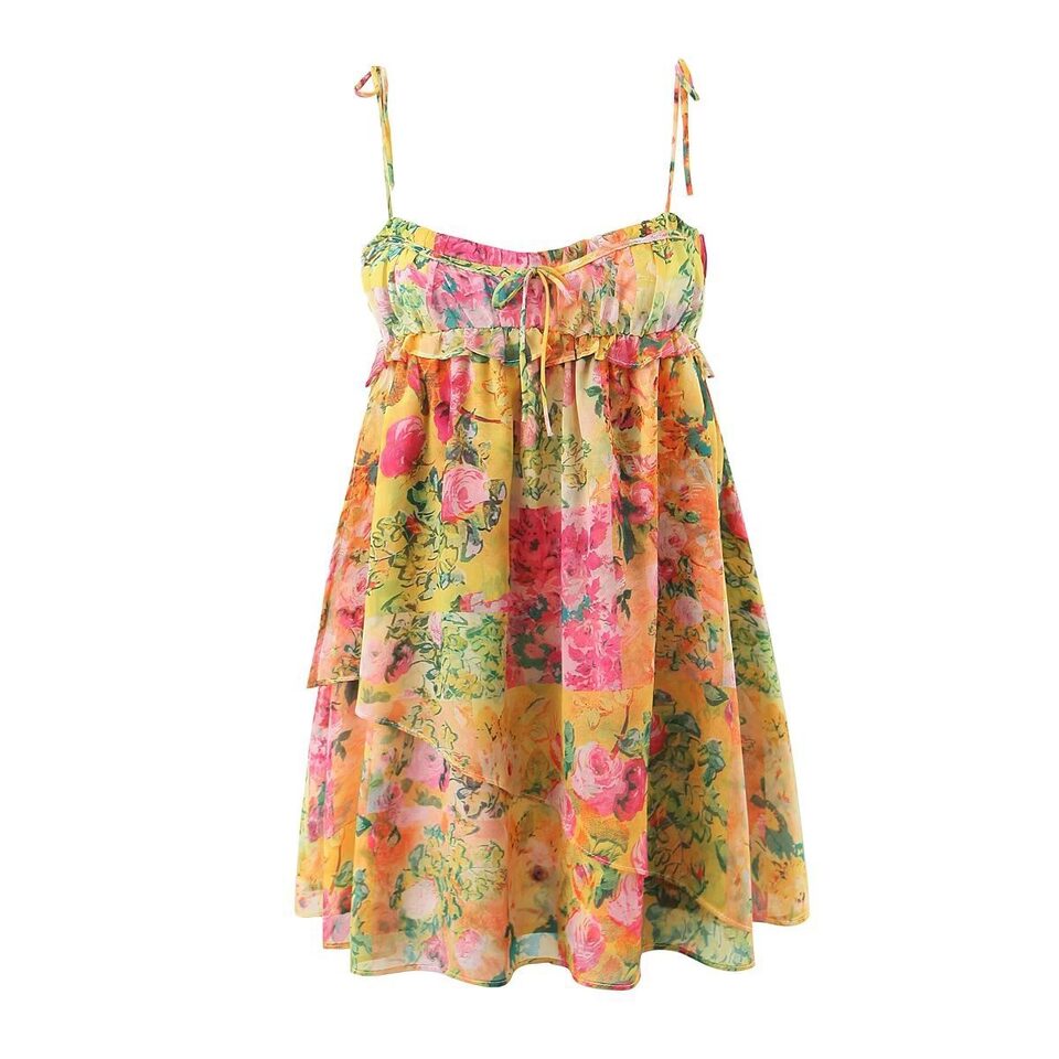 Y2K Flowers Print Suspender Dress Summer Fashion Ruffled