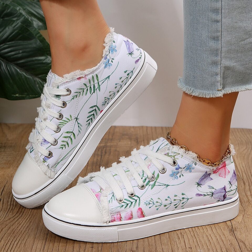 Casual Flat Canvas Shoes Flowers Lace-up Print Loafers