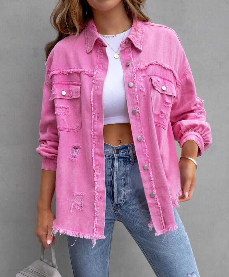 Women's Oversized Frayed Lightweight Denim Jacket Button Down