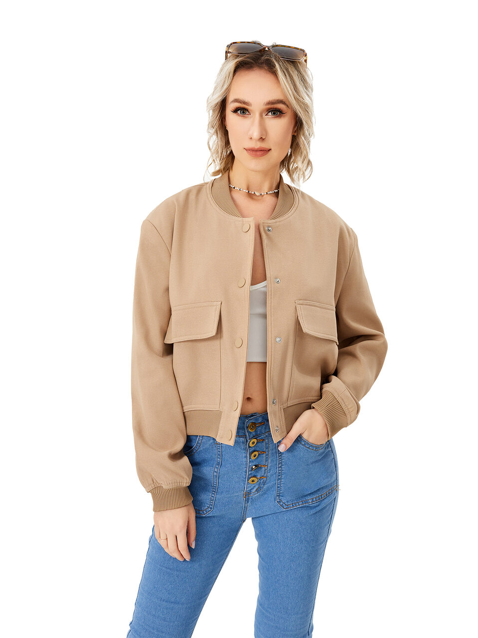 Women's Lightweight Cropped Bomber Jacket Casual Long Sleeve