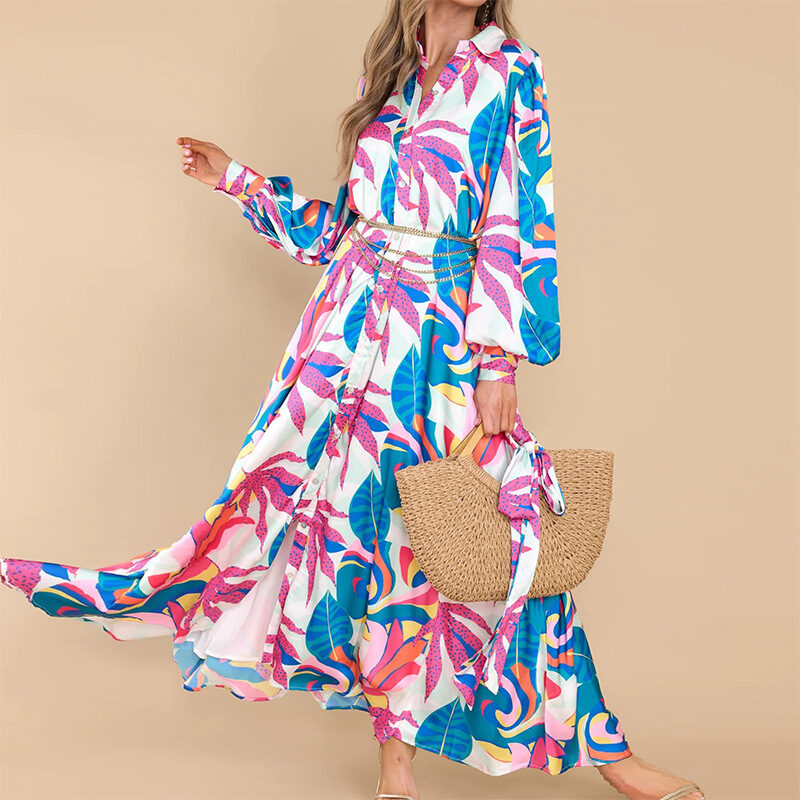 New Printed Dresses Long-sleeved Polo Collar Oversized Hem