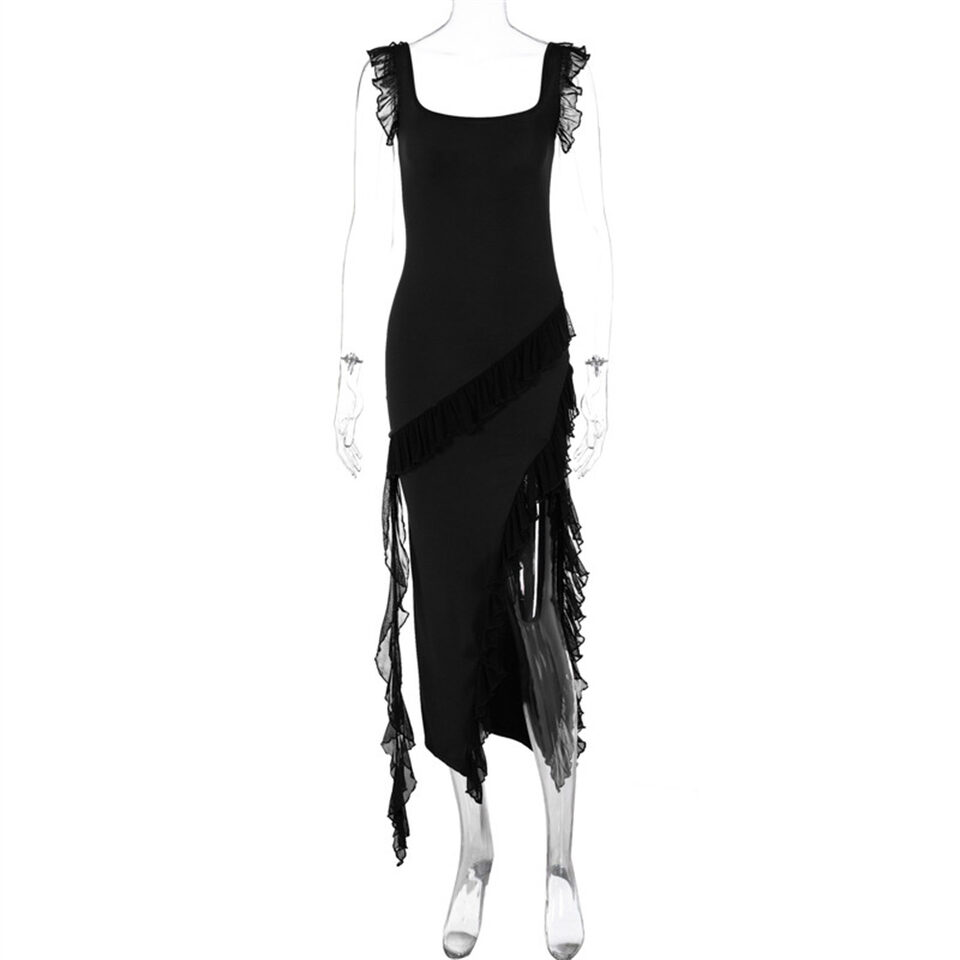 Ruffle Thigh High Split Dress Women Sexy Spaghetti