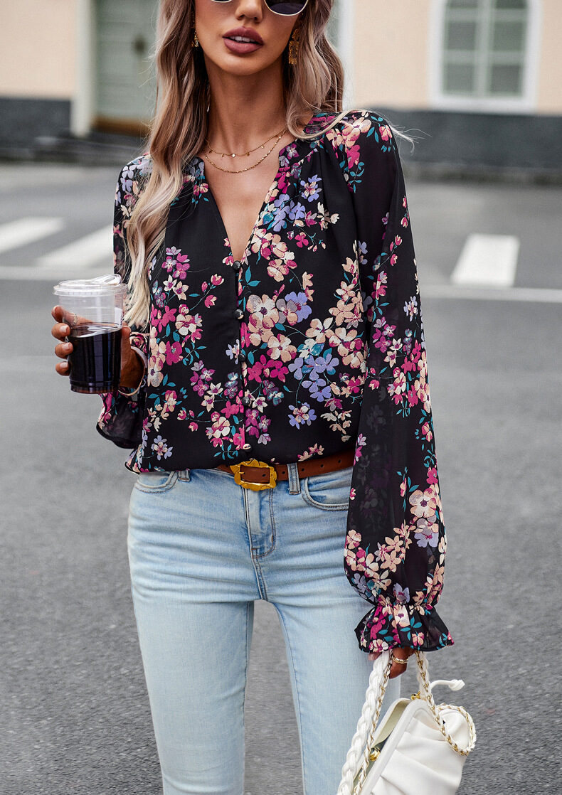 Women's Tops Casual Floral Print V Neck Long