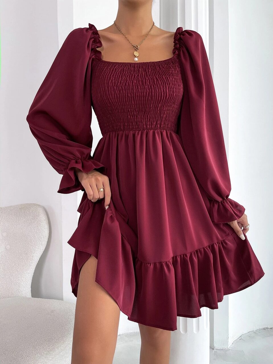 Flared Long Sleeve Dresses Women Square Neck Ruffled