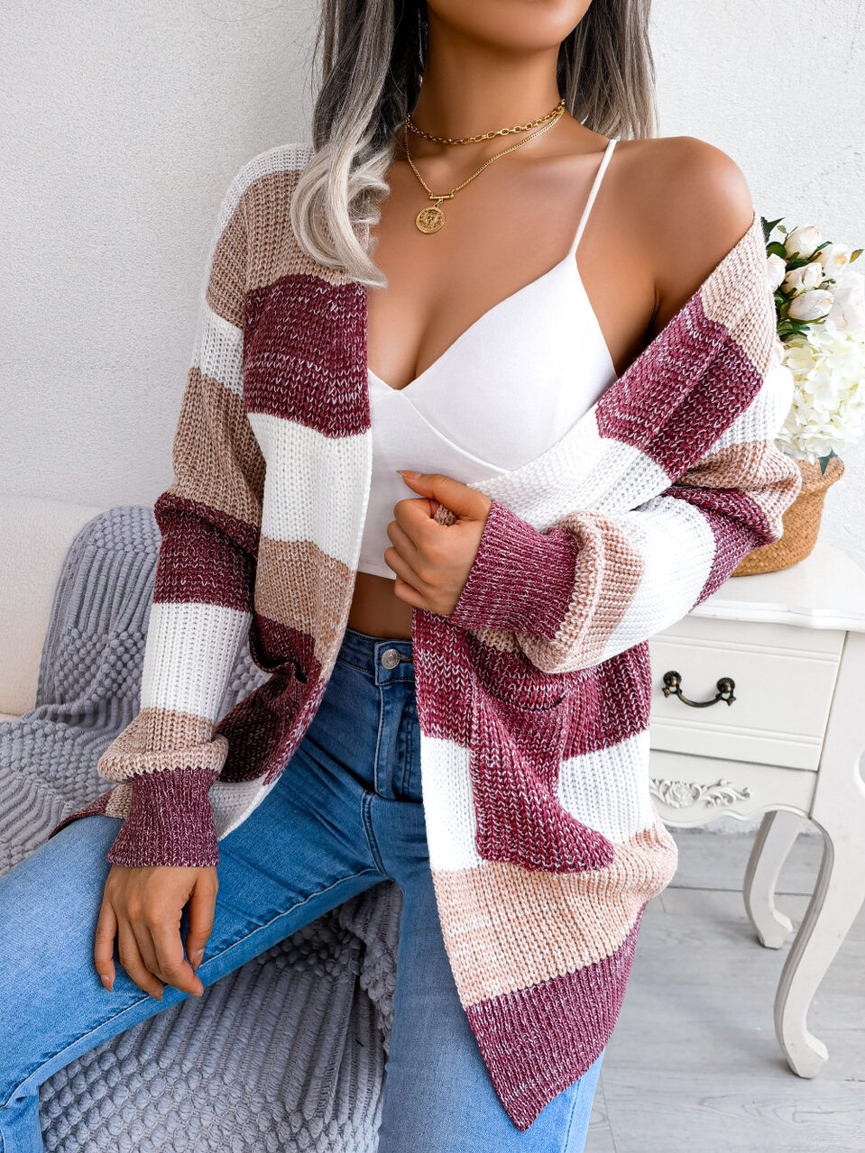 Plaid Sweater Women Casual Lantern Sleeves Cardigan Jacket
