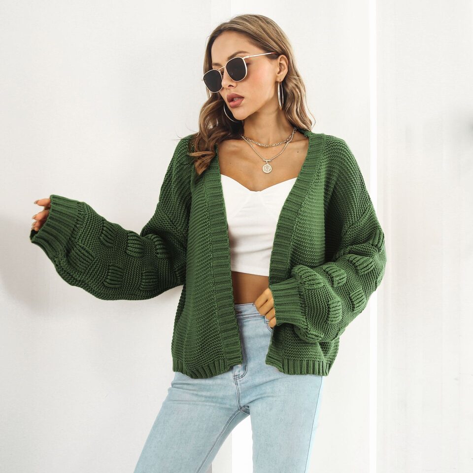 Puff Sleeve Cardigan Sweater Women Clothes Front Chunky
