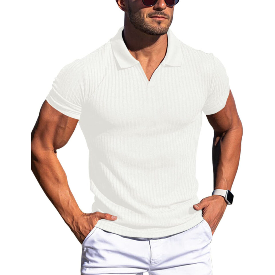 Polo Shirt Lapel V-neck Vertical Striped Short Sleeve