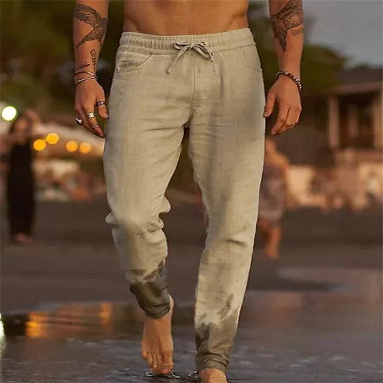 Men's Solid Color Cotton Linen Loose Beach Casual