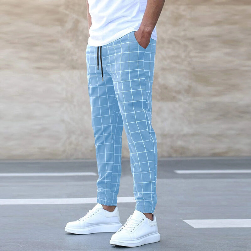 Fashion Plaid Print Pants Casual Drawstring Trousers Men's