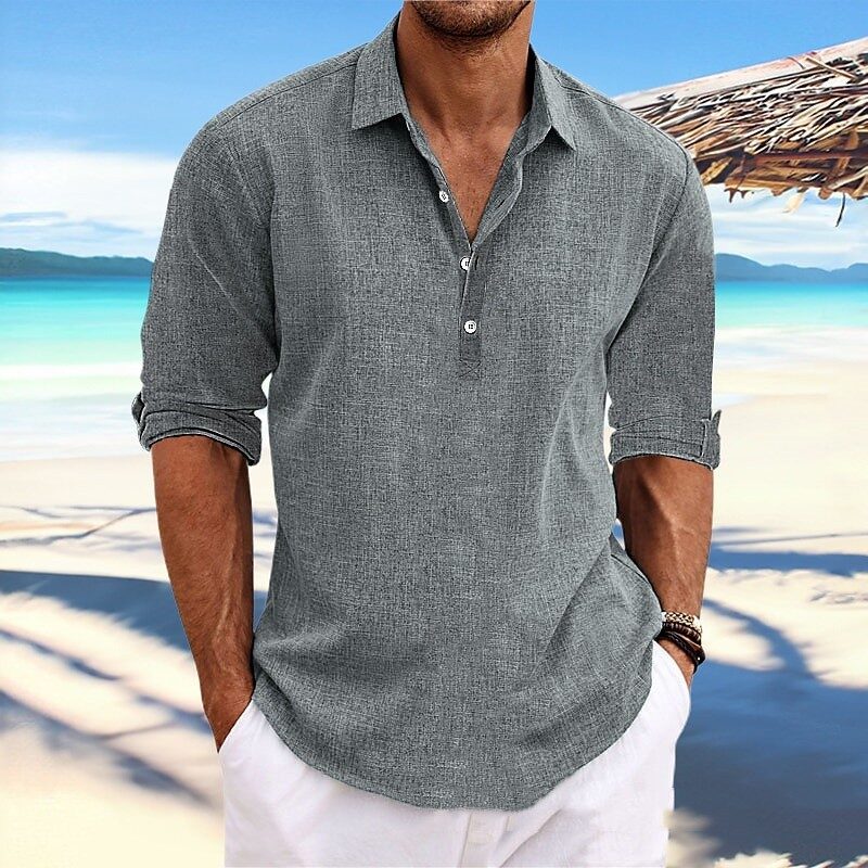 Men's Hemp Long Sleeve Loose-Fit Solid Color Shirt