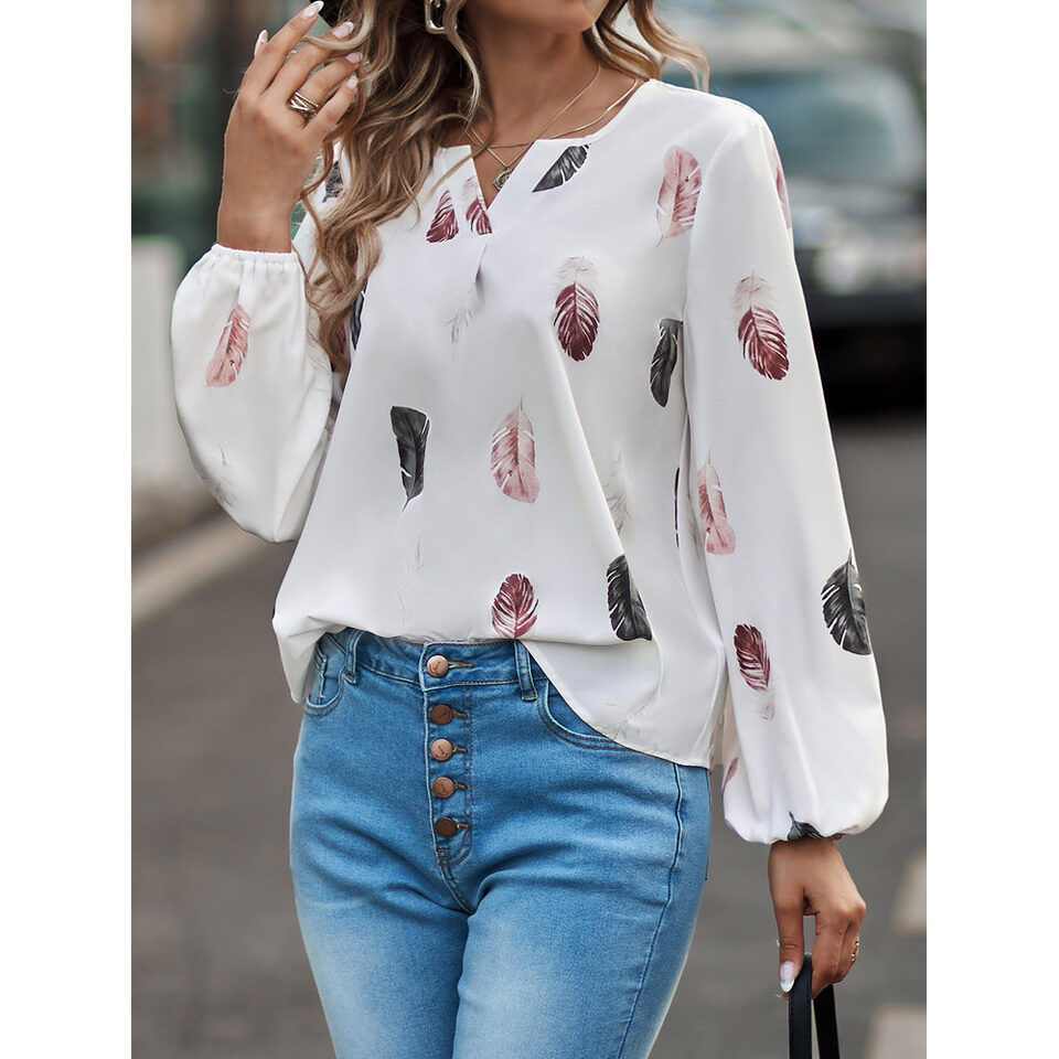 Feather Print Polo Shirt Long Lantern Sleeve Turndown