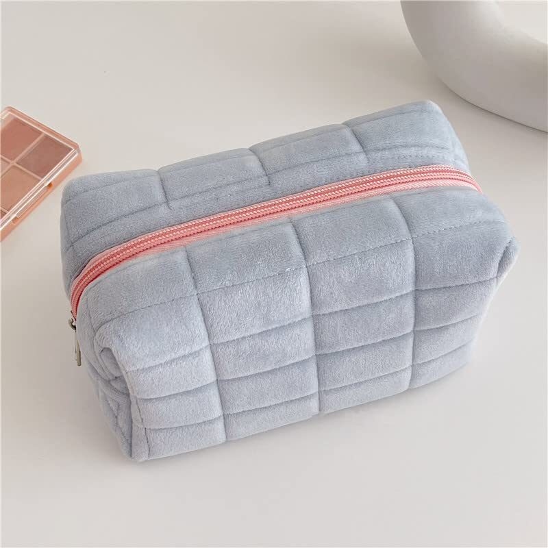 Plush Makeup Bag Checkered Cosmetic Travel Large Zipper
