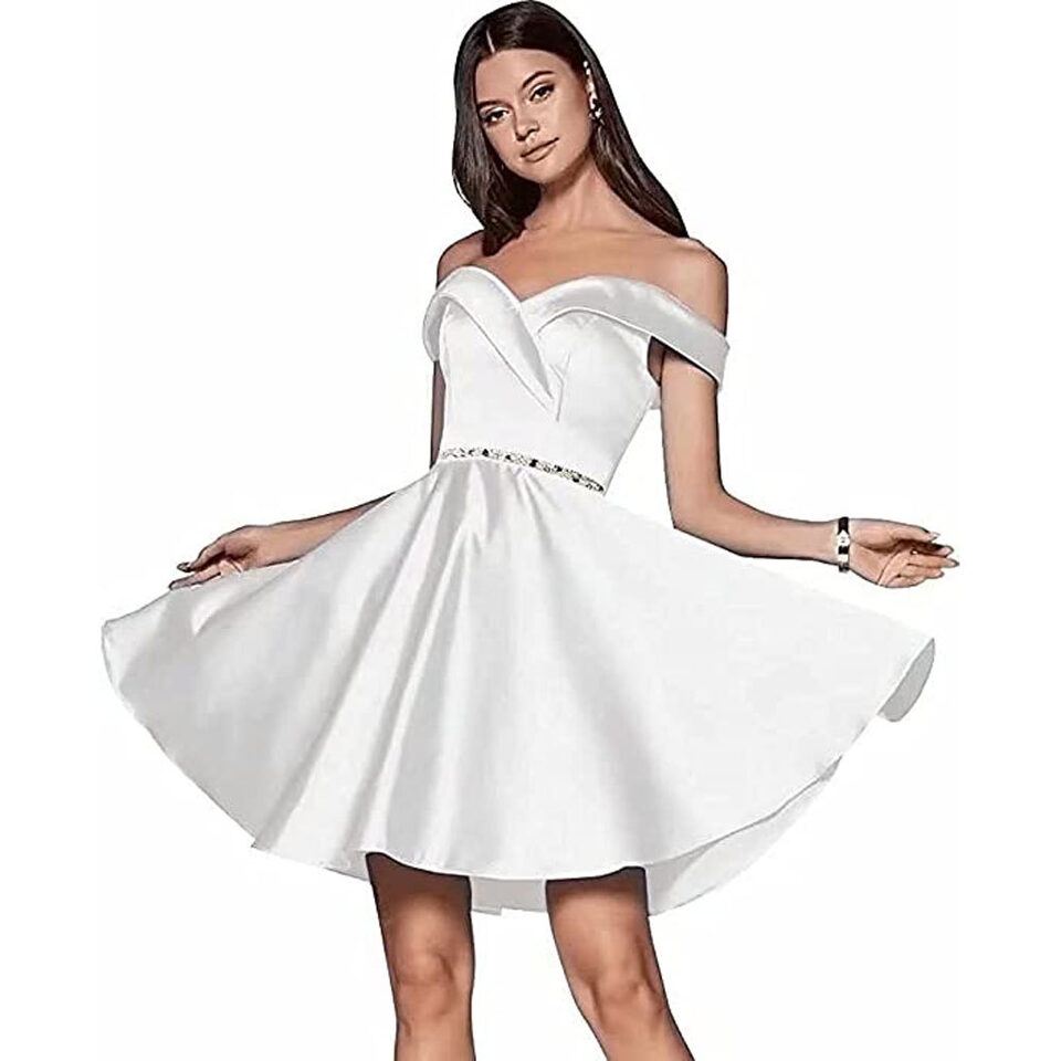 Short Beaded Satin A- Line Evening Gown Ball