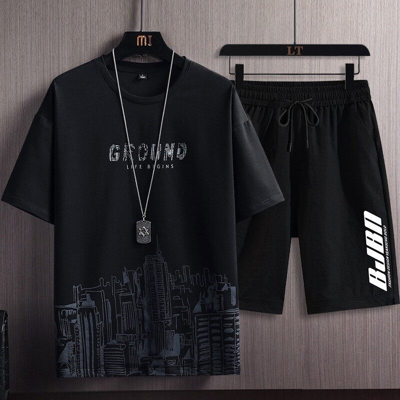 Men's Fashion Printed Short-sleeved T-shirt Shorts Sports Two-piece