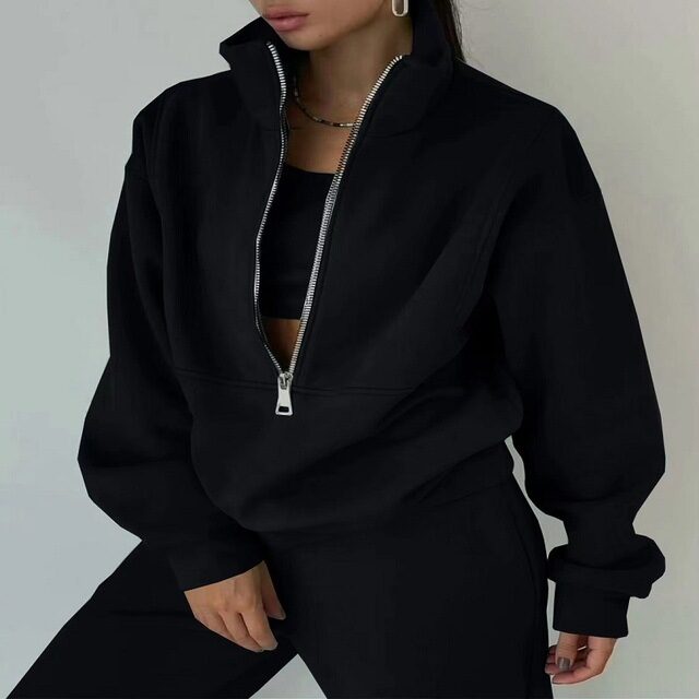 Stand Collar Suit Zip Up Crop Sportswear Long