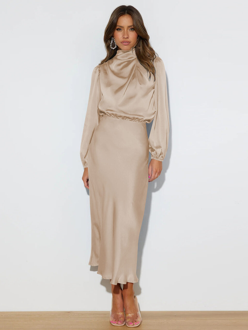 Elegant Temperament Long-sleeved Dress Satin Halterneck Formal Evening