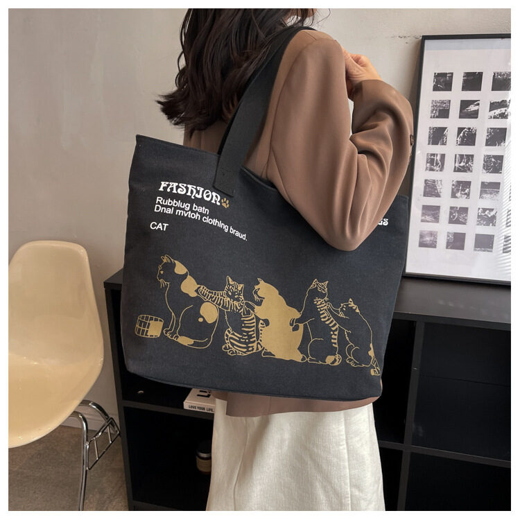 Cute Cartoon Cat Printed Canvas Bag Large Capacity