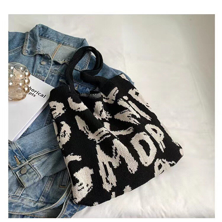 Letter Printed Knit Bag Fashion Shopping Shoulder Large