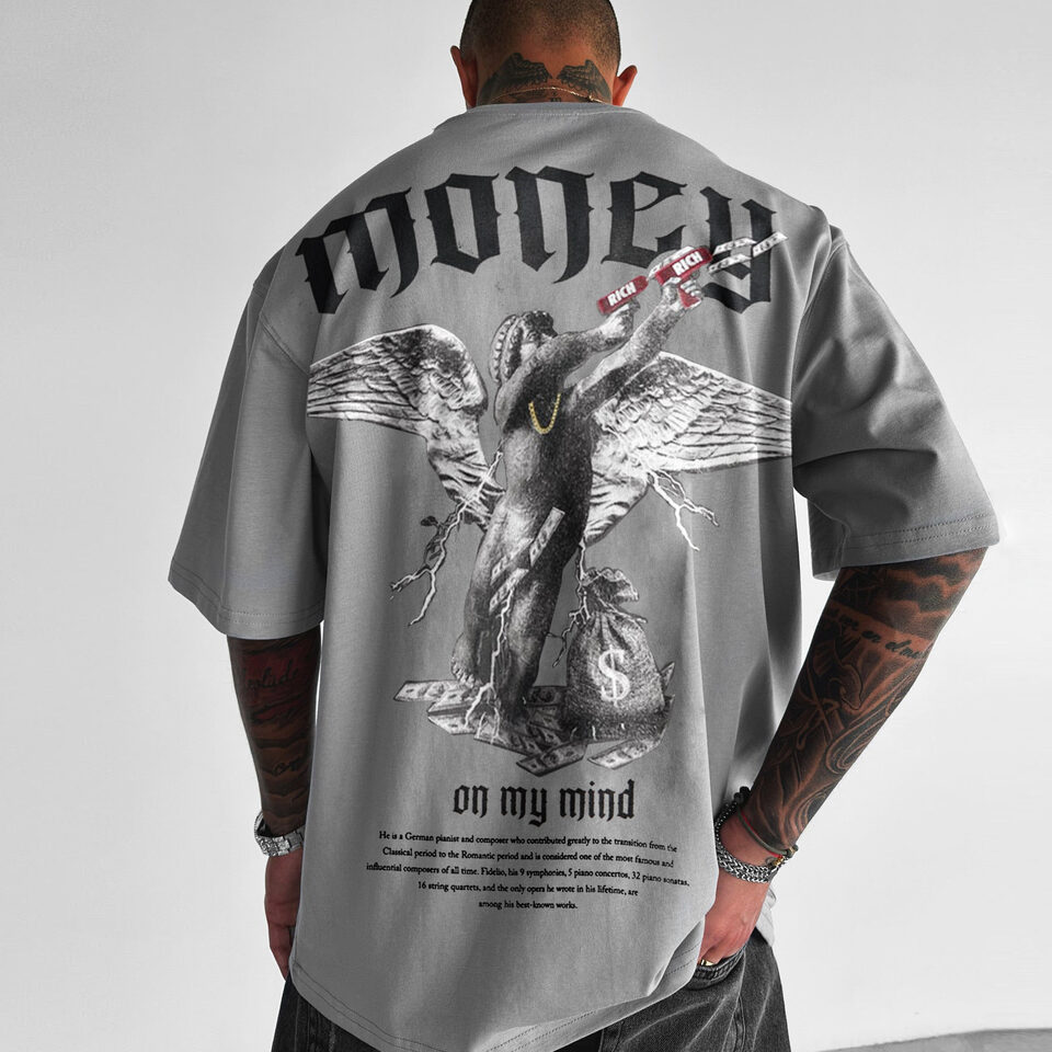 Men's Loose Money Angel Print Short Sleeve Round