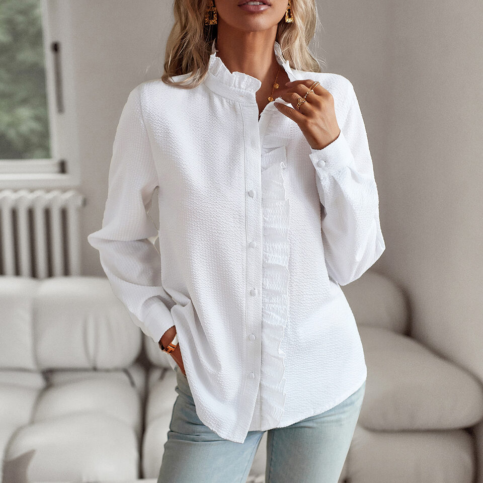Striped Long Sleeve Shirt Fashion Ruffle Design Button