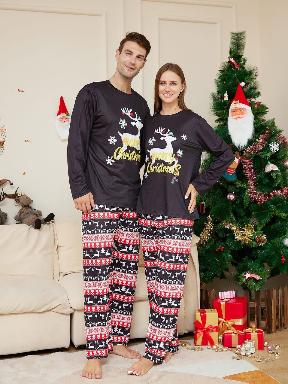 Christmas Cartoon Elk Letter Printing Round Neck Parent-child