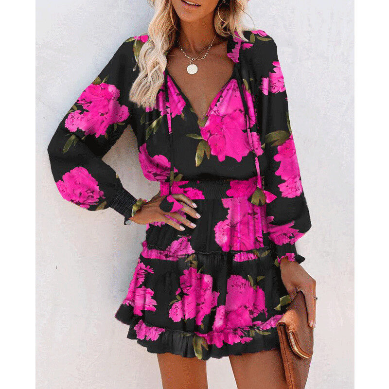 Flowers Print Long Sleeve Dress Fashion Patchwork Puff