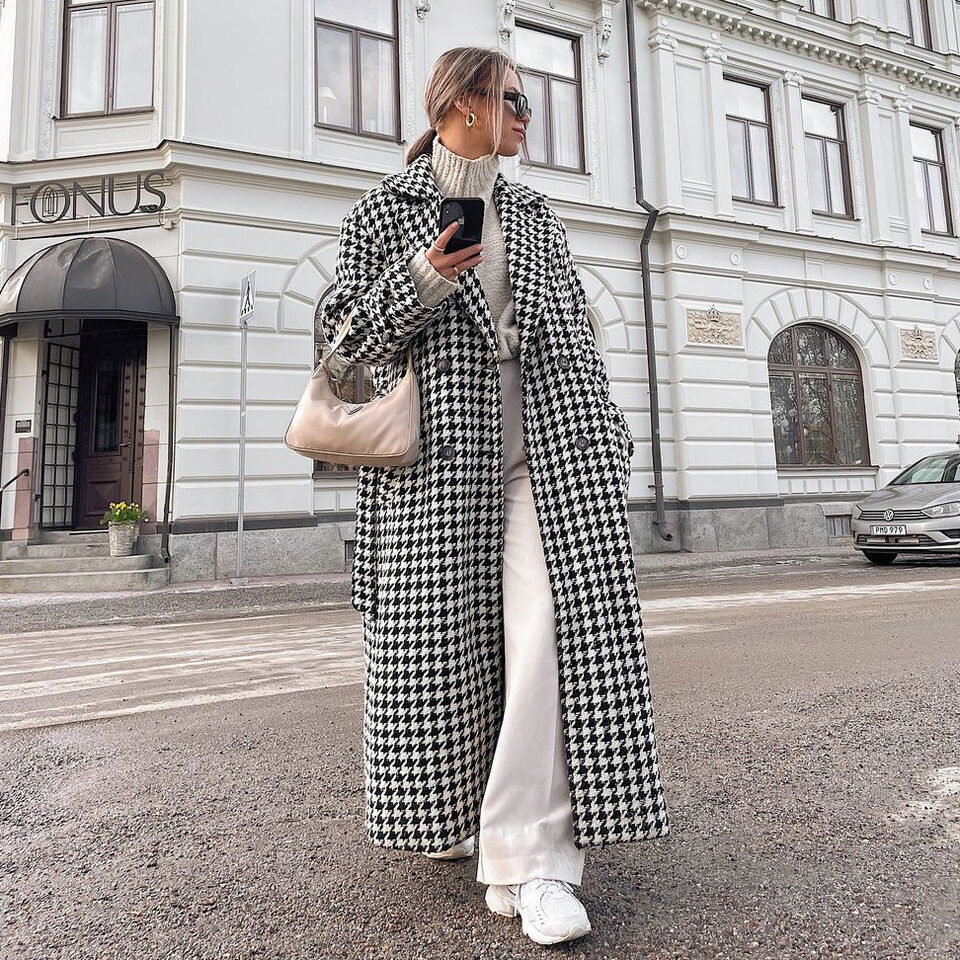 Houndstooth Long Trench Coat High-end And Fashionable