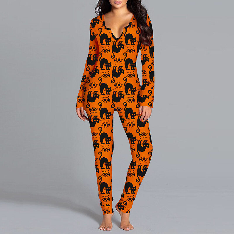 Halloween Printed Jumpsuit Long Sleeve Home Pajamas Casual
