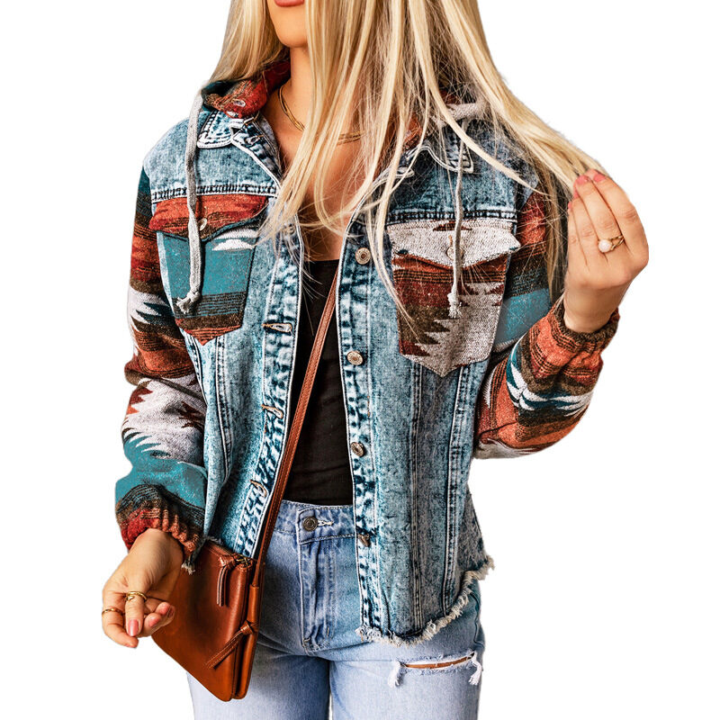 Western Style Denim Stitching Hooded Jacket Multi-color Printed