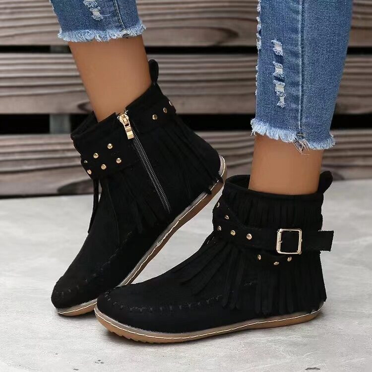 Retro Ankle Boots With Rivet Tassel Flat Shoes