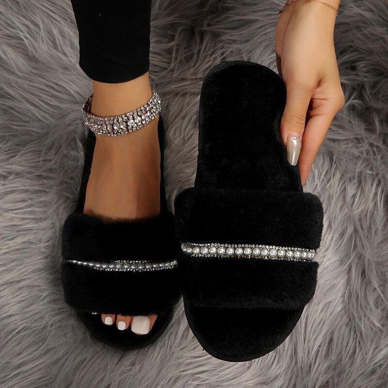 Fashion Solid Color Plush Slippers With Pearl Flat