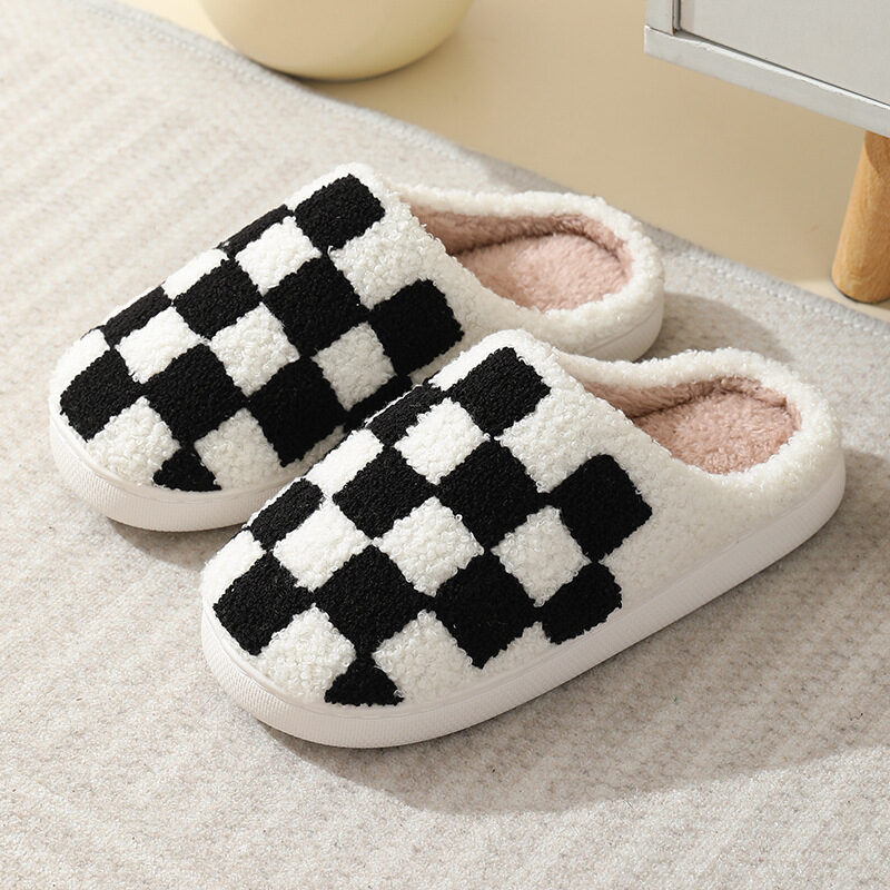 Checkerboard Print Slippers Winter House Shoes Men