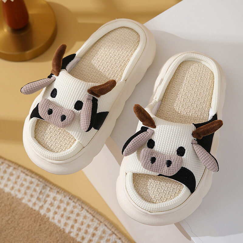 Cute Cartoon Cow Frog Slippers Linen Non-slip Shoes