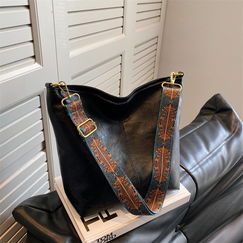 Retro Bucket Bag Print Wide Shoulder Strap Messenger