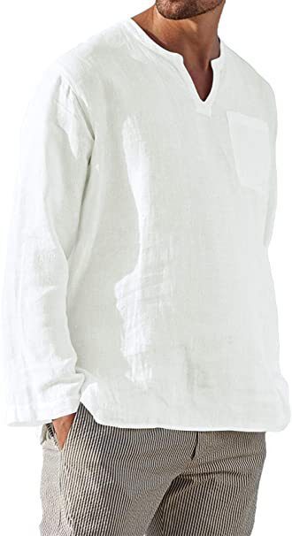Men's Long Sleeve V-neck Casual Beach Linen Shirt