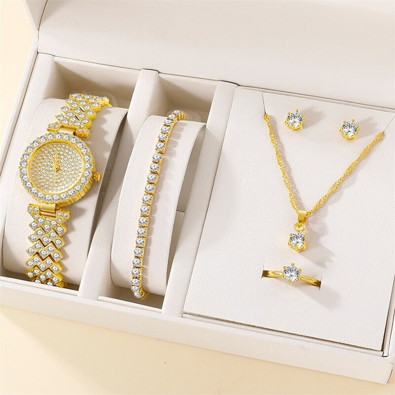 5pcsset Diamond Bracelet Necklace Stud Ring Watch Jewelry