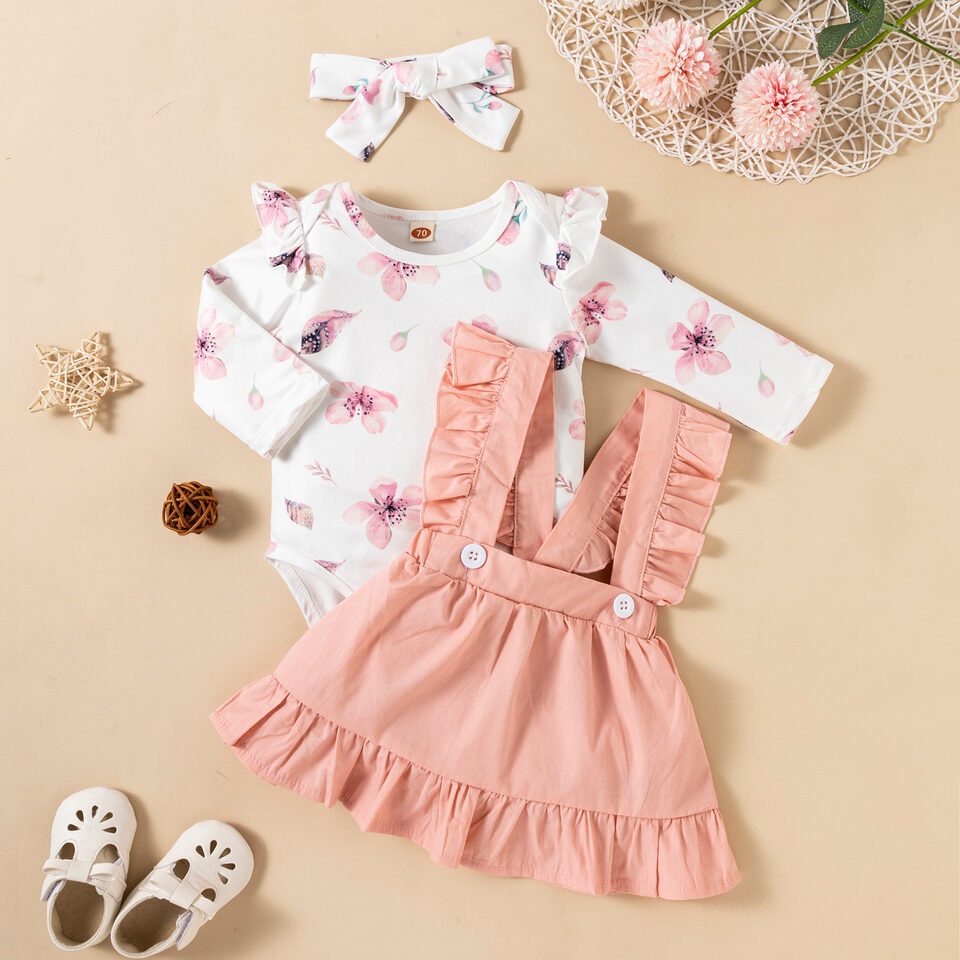 Printed Long-sleeved Baby Girl Romper Two-color Strap Ruffled
