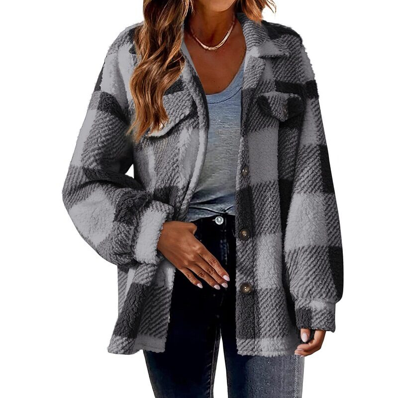 Turndown Collar Plaid Jacket With Pockets Single Breasted