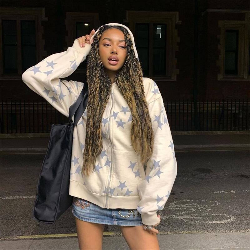 Stars Printed Zipper Hooded Cardigan Couple Fashion Outerwear