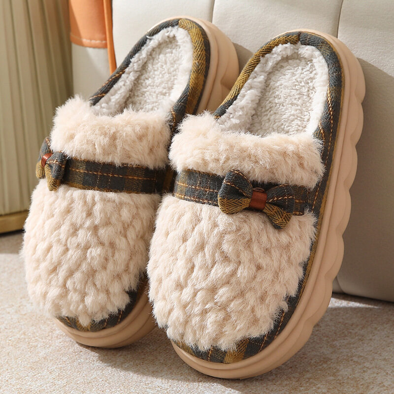 Winter Plush Slippers With Bow Button Design Indoor