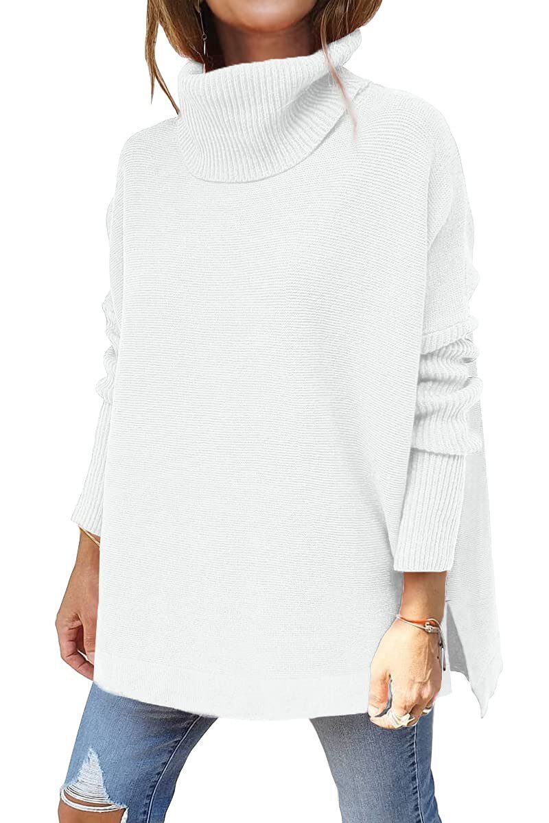 Turtleneck Sweater Mid Length Batwing Sleeve Slit Hem
