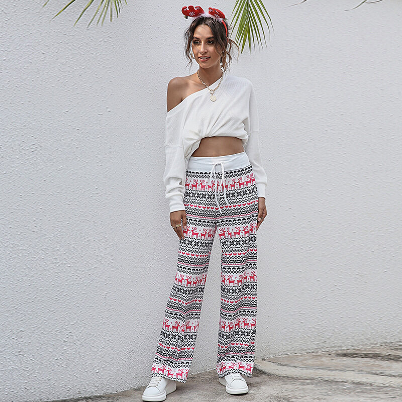 Christmas Print Pants Women Fashion Casual Drawstring Trousers