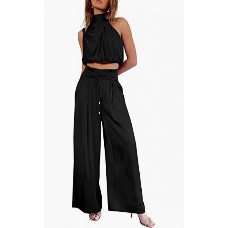 Summer Suits Casual Sleeveless Midriff-baring Top And Wide