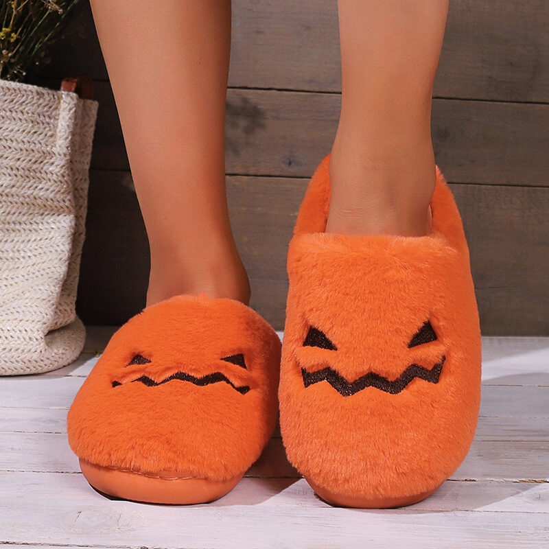 Cute Halloween Pumpkin Slippers Winter Warm Plush Bedroom