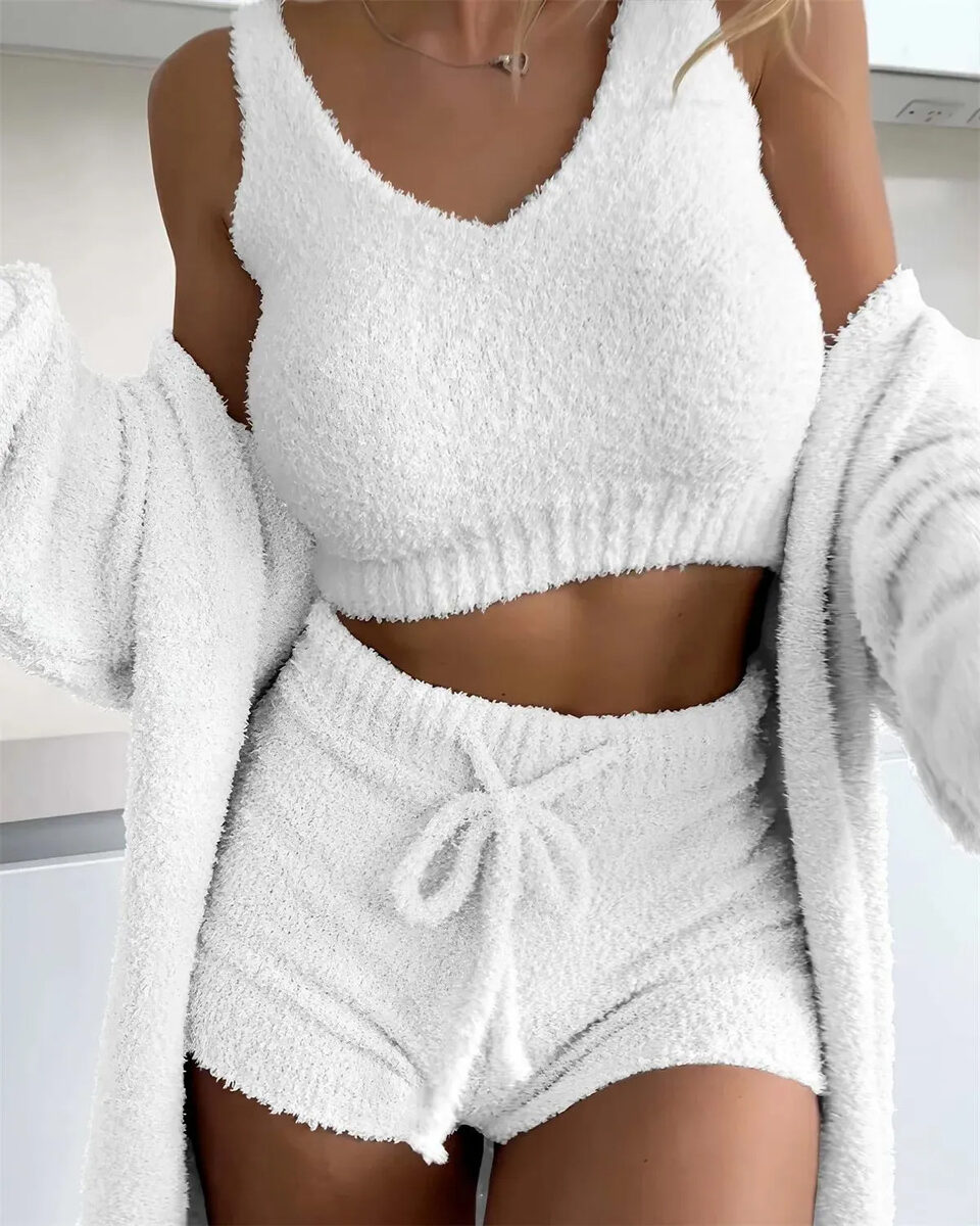 Thermal Three-piece Fluff Coat Spaghetti Strap Short Top